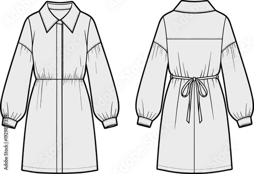 Technical fashion illustration of long‑sleeved collared dress with button placket, gathered waist, voluminous sleeves, tie belt, yoke detail, garment construction design for pattern making reference