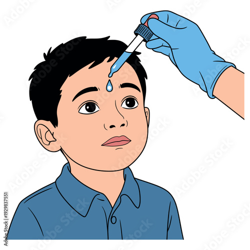 A young boy receiving eye drops from a medical professional in a clinical setting.