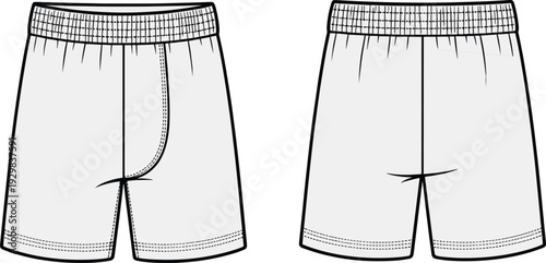 Technical fashion illustration of boxer shorts with elastic waistband, curved fly opening, seam lines, stitching details, garment construction design for apparel pattern making reference