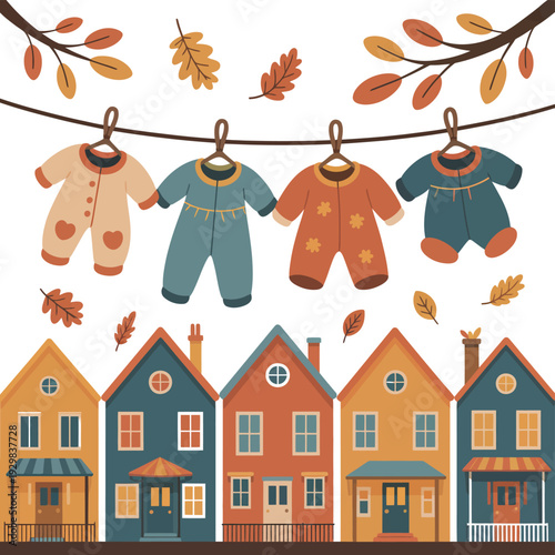 A colorful illustration of baby clothes hanging on a line above a row of houses in autumn