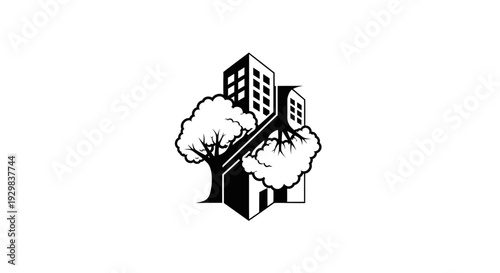 Black and white cityscape illustration design.