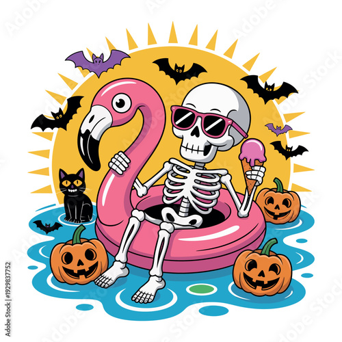 A skeleton wearing sunglasses sits on a pink flamingo float in water with pumpkins and a black cat.