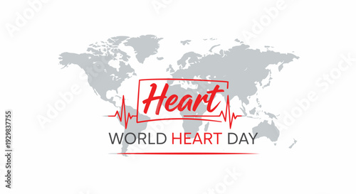 World heart day awareness graphic with global map and heartbeat line