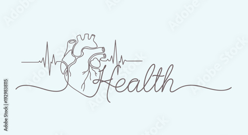 Line drawing of a heart with ecg line and the word health on a mint green background