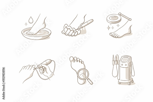 Pedicure line icons set showing foot care steps and tools. Minimal beauty salon outline illustration for spa, podology and nail treatment concepts.