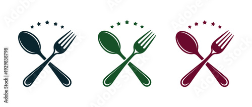 A set of colorful utensil logos with stars on a white background