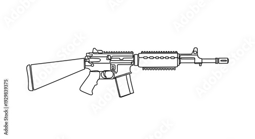 Line art illustration of an AR-15 style rifle with a fixed stock and standard furniture, presented in black and white.