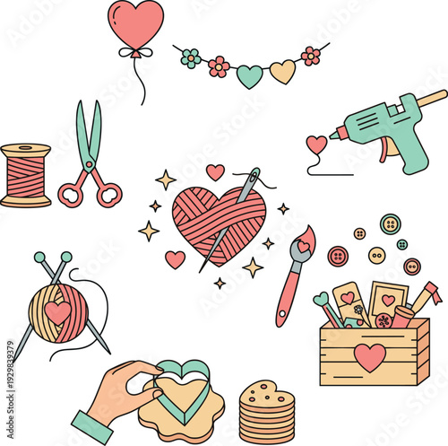 Crafting and hobby flat line icons set displaying handmade activities, creative projects, and do it yourself items