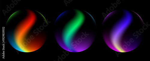 Abstract Glowing Gradient Sphere with Neon Light Waves Futuristic 3D Orb with Colorful Wavy Fluid Motion Lines Vector Illustration