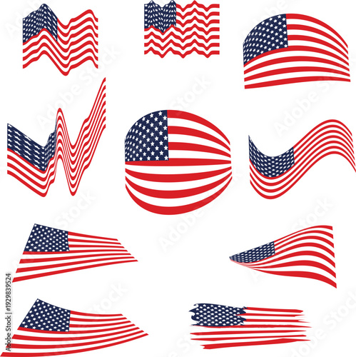 Collection of stylized American flags in various dynamic forms