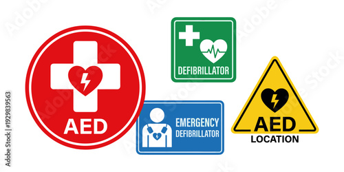 Various AED and defibrillator signs providing emergency medical information and indicating locations for life-saving equipment
