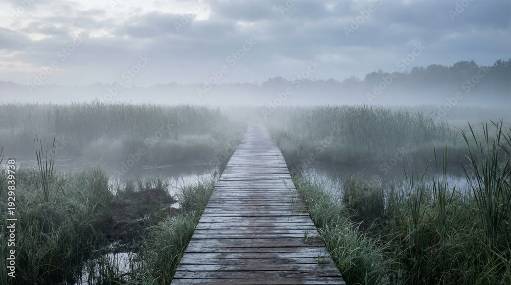 Fototapeta premium Photograph of a wooden walkway through a wetland park, in muted grey and green colors, representing a mysterious foggy morning nature trail