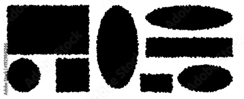 Black Grunge Geometric Shapes Set: Distressed Textured Frames, Deckle Edge Borders, and Rough Charcoal Ink Elements for Graphic Design