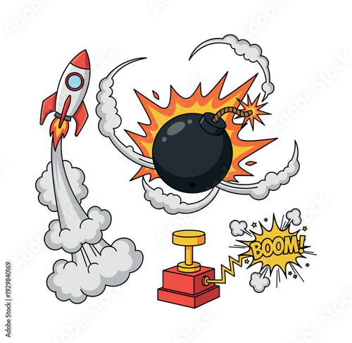 Comic book-style elements featuring an exploding bomb, a launching rocket, a vintage detonator, and a Boom! speech bubble on white