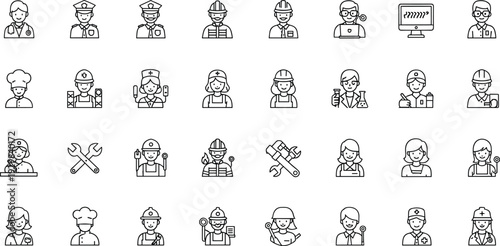 Professional Avatar Line Icon Set Featuring Diverse Occupations Like Doctor, Engineer, Chef, Scientist, Police, Construction Workers, and Technical Service Professionals