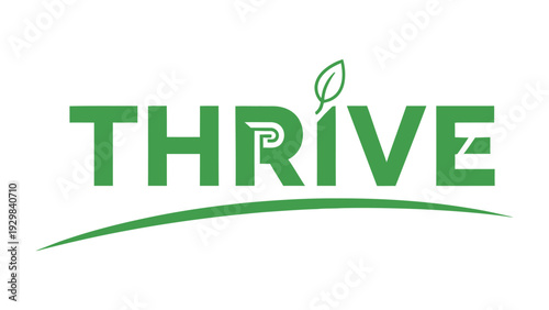 Thrive Logo: Modern typography and a clean design of the logo of a business, conveys growth and vitality with an iconic leaf and flowing green line symbolizing the idea of development and success.
