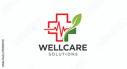 Wellcare solutions logo with red cross heartbeat line and green leaf on white background