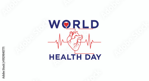 World health day logo with heart and ecg line on white background