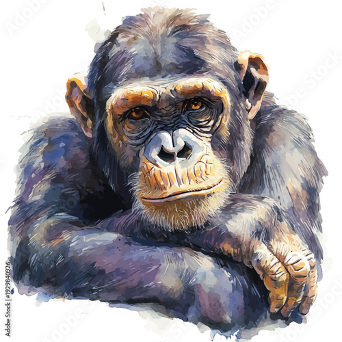 Chimpanzee, watercolor drawing vector, isolated on a white background.