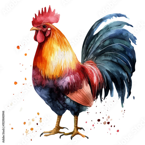 Chicken Wild Type A Junglefowl, watercolor drawing vector, isolated on a white background.