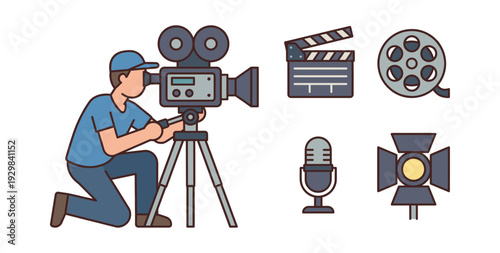 Cameraman operating a film camera on a tripod next to essential filmmaking equipment, representing multimedia production