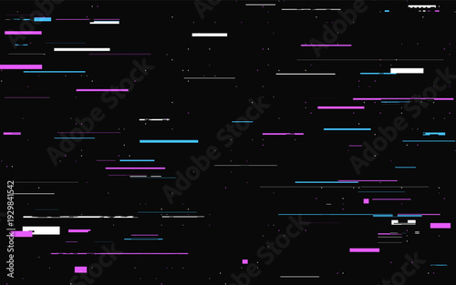 Glitch abstract effect. Color lines and pixels on dark background. Video signal error. Distorted texture with random shapes. Digital data with overlay noise. Vector illustration.
