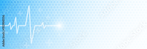 Medical background. Healthcare design template. Heartbeat pulse and white crosses on blue backdrop. Biology or science wallpaper with soft blue gradient. Medical poster or banner. Vector illustration.