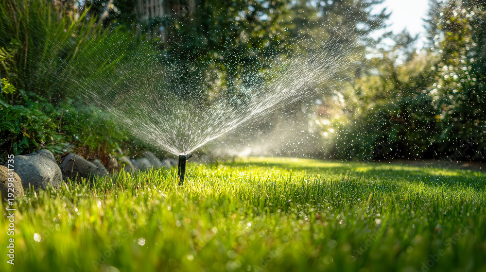 Obraz premium A garden sprinkler sprays water over green grass in sunlight, lawn irrigation, summer gardening, watering system, fresh nature.