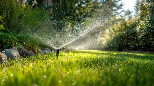 A garden sprinkler sprays water over green grass in sunlight, lawn irrigation, summer gardening, watering system, fresh nature.