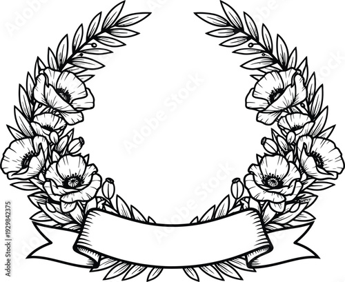 Laurel and poppy wreath with blank banner vector illustration