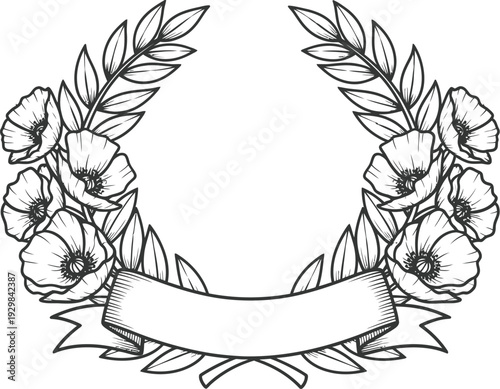 Laurel and poppy wreath with blank banner vector illustration