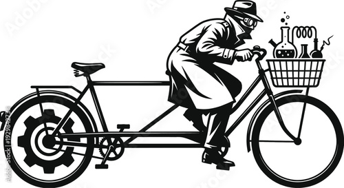 Scientist riding bicycle in vintage nineteen forties style vector