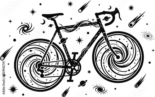 Bicycle floating in a cosmic galaxy with stars vector