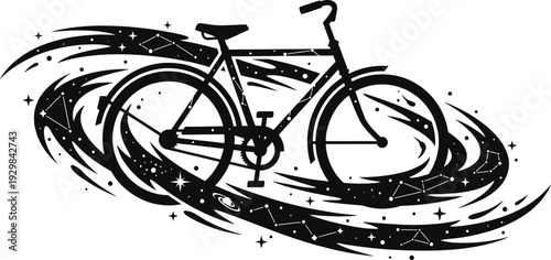 Bicycle floating in a cosmic galaxy with stars vector