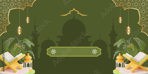 Islamic Background with Mosque Silhouette, Crescent Moon, and Lanterns for Ramadan Kareem or Eid Mubarak Celebration