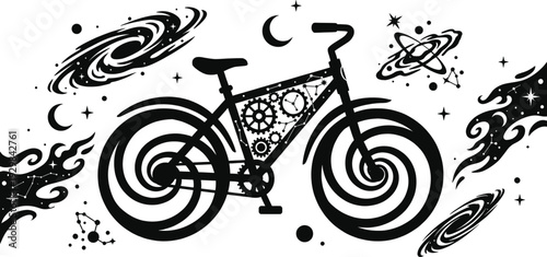 Bicycle floating in a cosmic galaxy with stars vector