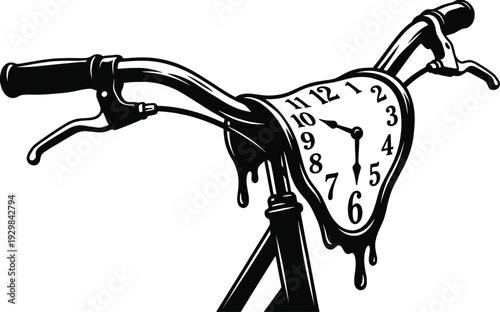 Melting clock draped over vintage bicycle handlebar surreal scene
