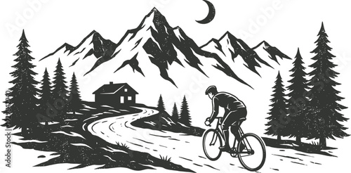 Mountain landscape with cycling path in vintage poster style