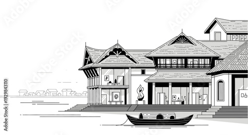 Fotografija Traditional Asian House Waterfront Architecture.