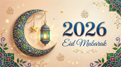 Eid mubarak 2026 wishes and greetings with crescent moon lantern