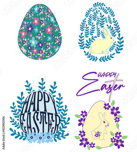 A set of Easter cards with an egg, bunny and flowers. The inscriptions read He is risen, Happy Easter.