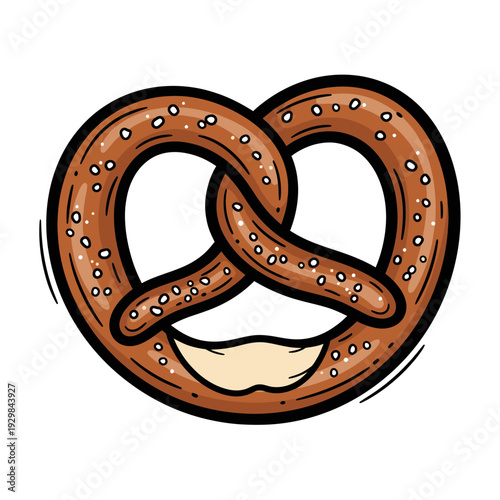 Hand-drawn pretzel illustration with salt crystals and a bite taken out