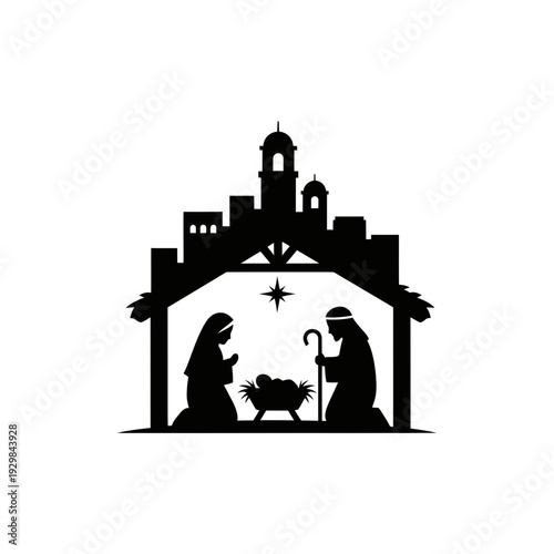 Nativity Scene Silhouette: Mary, Joseph, Baby Jesus in Manger, Bethlehem City Background