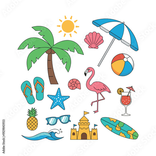 Summer beach vacation icons set representing tropical holidays with various elements like palm tree, sun, flamingo, and cocktails