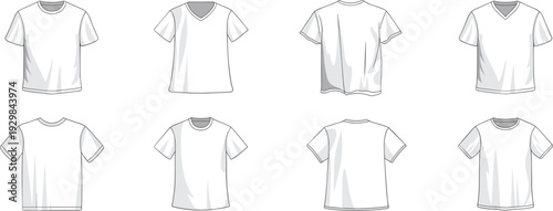 Blank T Shirt Templates Front and Back Views, Men and Women Short Sleeve Tee Mockups Isolated on White Background for Apparel Design