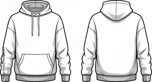Blank Hoodie Sweatshirt Front and Back Views, Casual Pullover with Kangaroo Pocket Technical Fashion Template Isolated on White Background
