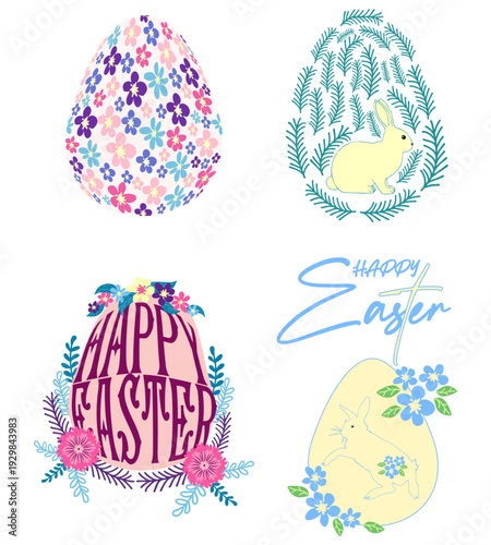 A set of Easter cards with an egg, bunny and flowers. The inscriptions read He is risen, Happy Easter.