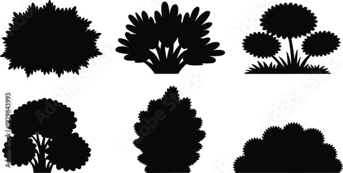 Bush and Shrub Silhouettes Collection, Decorative Garden Plants and Trees Black Shapes Isolated on White Background for Landscape Design Illustration