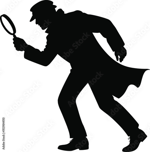 Detective Silhouette with Magnifying Glass Investigating Clue, Classic Private Investigator Character Illustration Isolated on White Background, Mystery and Crime Concept