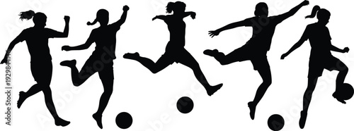 Female Soccer Player Silhouettes in Action with Ball, Set of Women Football Athletes Kicking and Jumping Isolated on White Background, Sport Concept